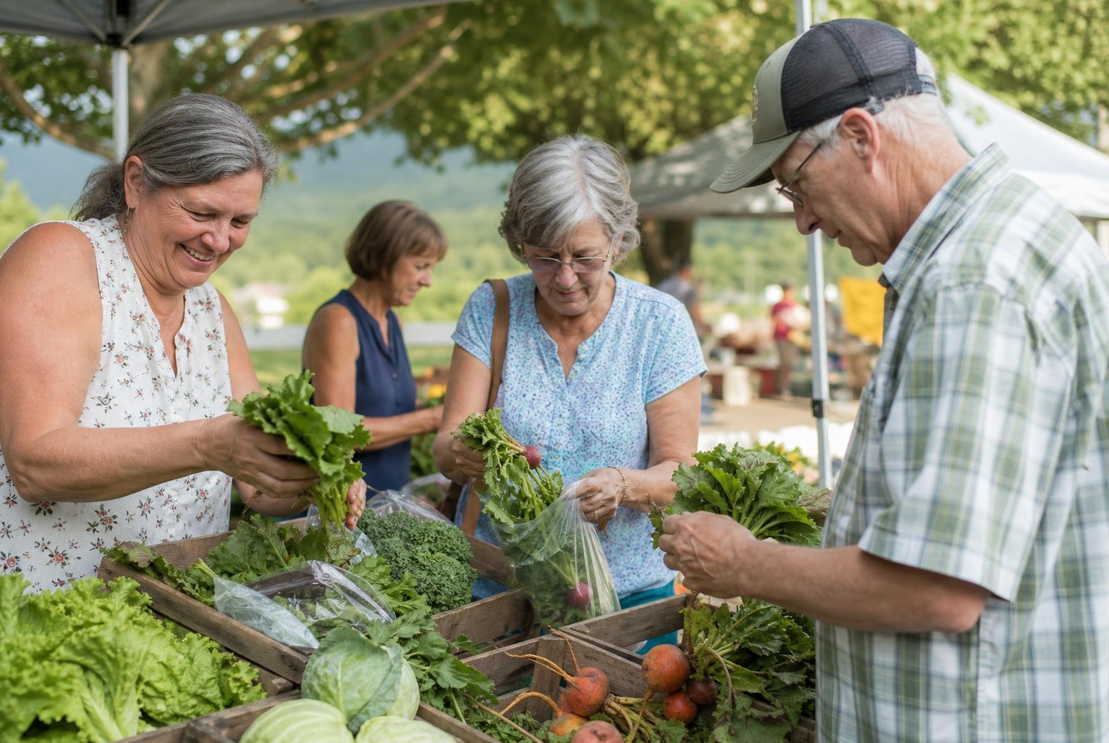 Neighbors of different ages working side by side at an outdoor community market