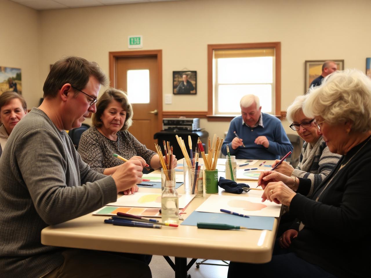Adults taking part in a community art class together at a local center