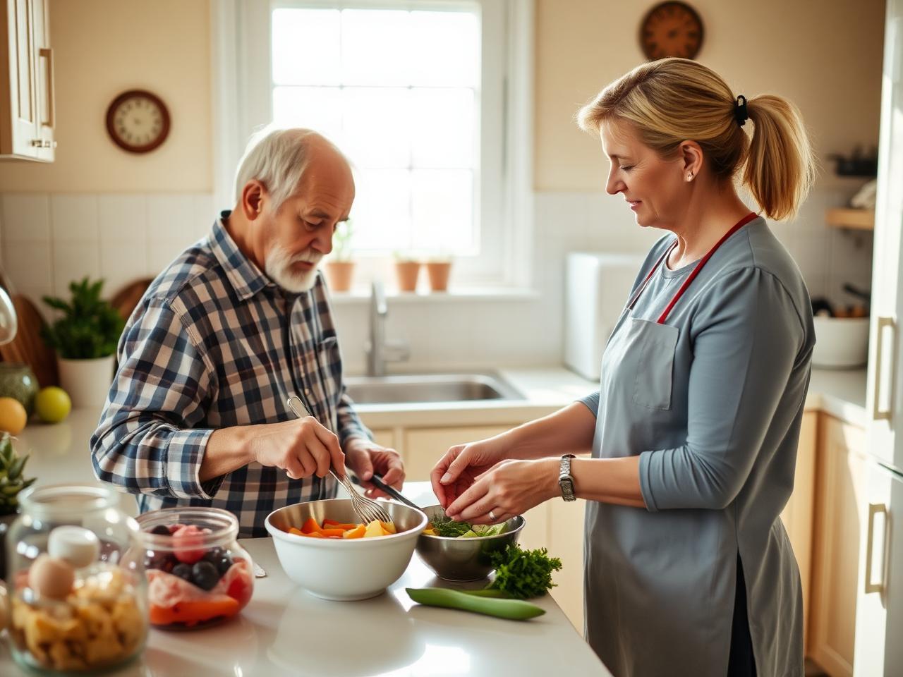 An older adult preparing a meal in their own kitchen while a support worker assists nearby