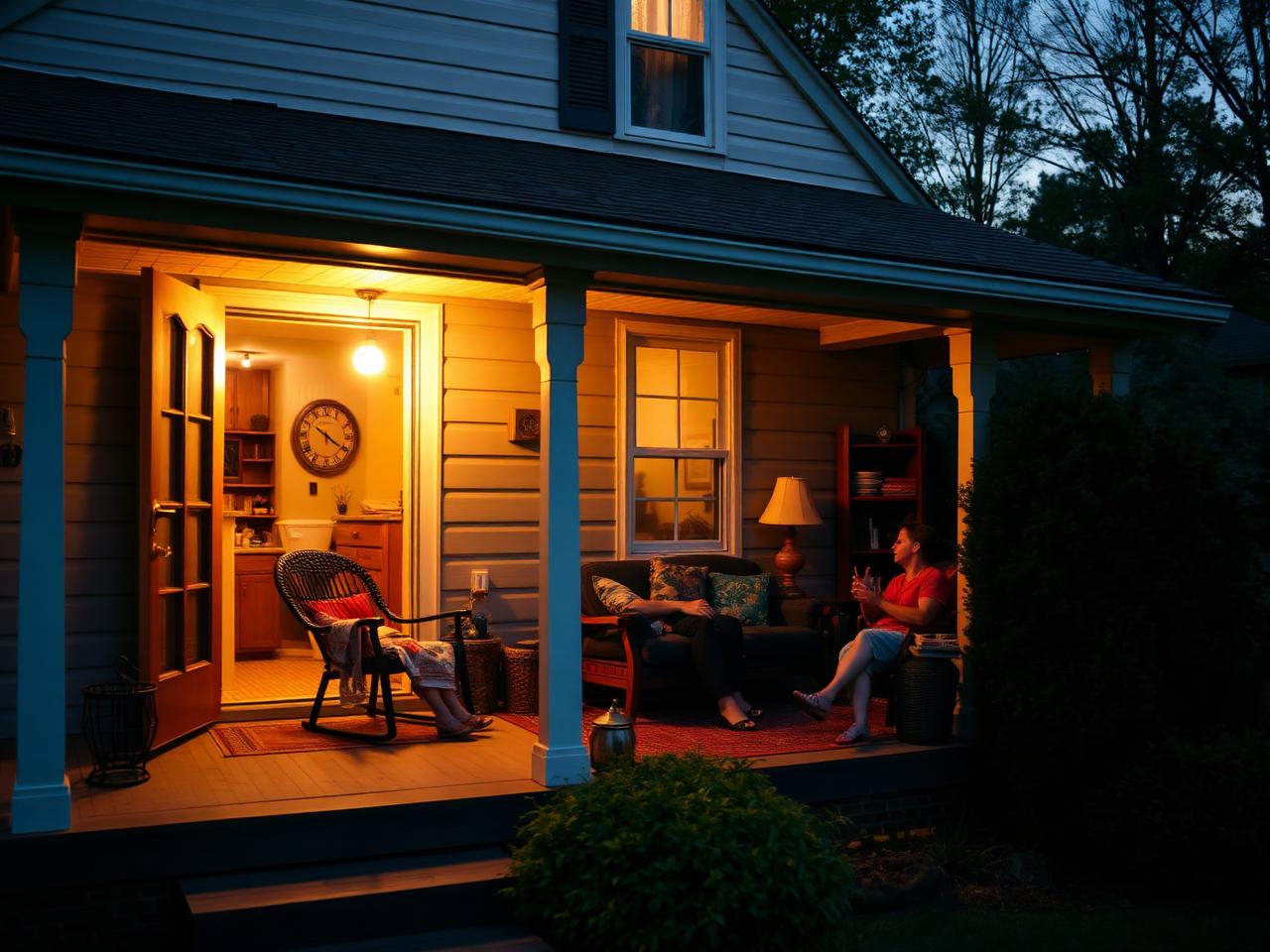 Two housemates talking on the front porch of their home in the evening